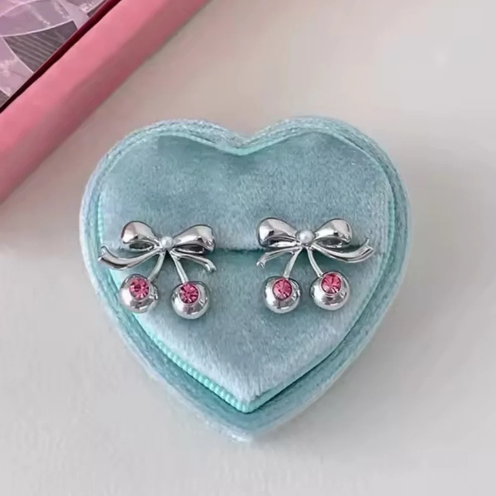 Sterling Silver Twin Cherry Bow Earrings with Ruby Accents 925 Stamped